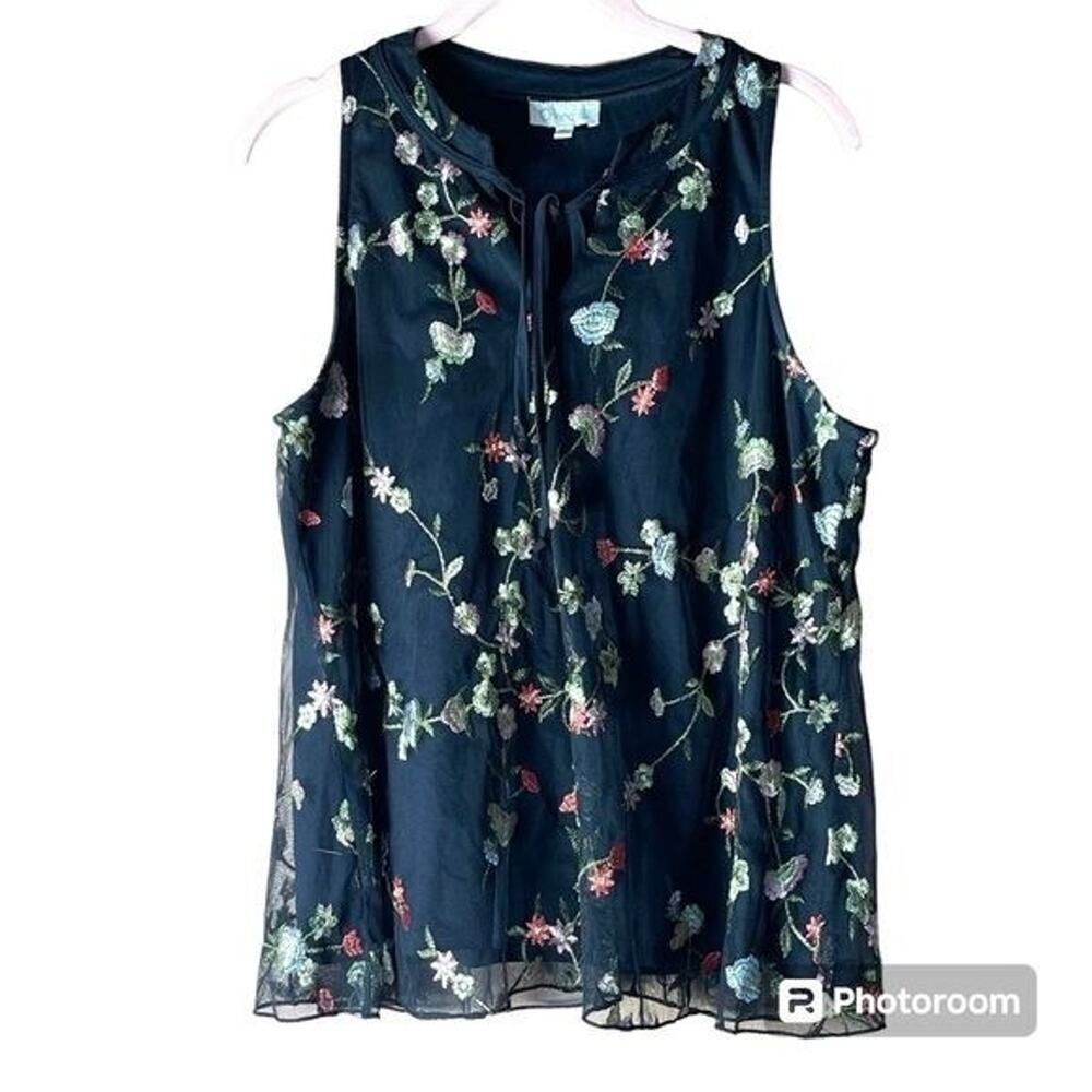 VTG Black Mesh Floral Embroidered Sleeveless Top Sz L 90’s Y2K Fairy Chenault